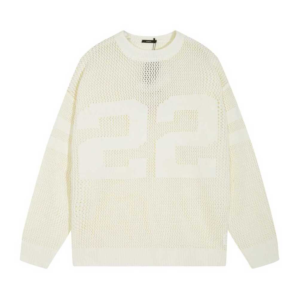 Amiri Cream Mesh Knit Crew Neck Sweater Big 22 Letter Graphic